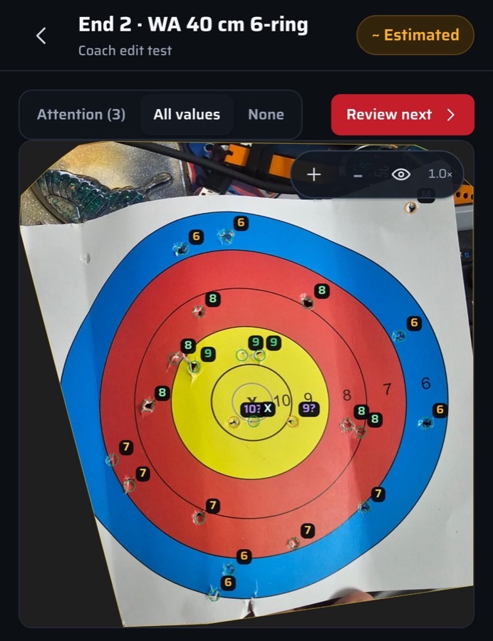 A photographed target scored in ScoreMyTarget, every arrow marked with its value